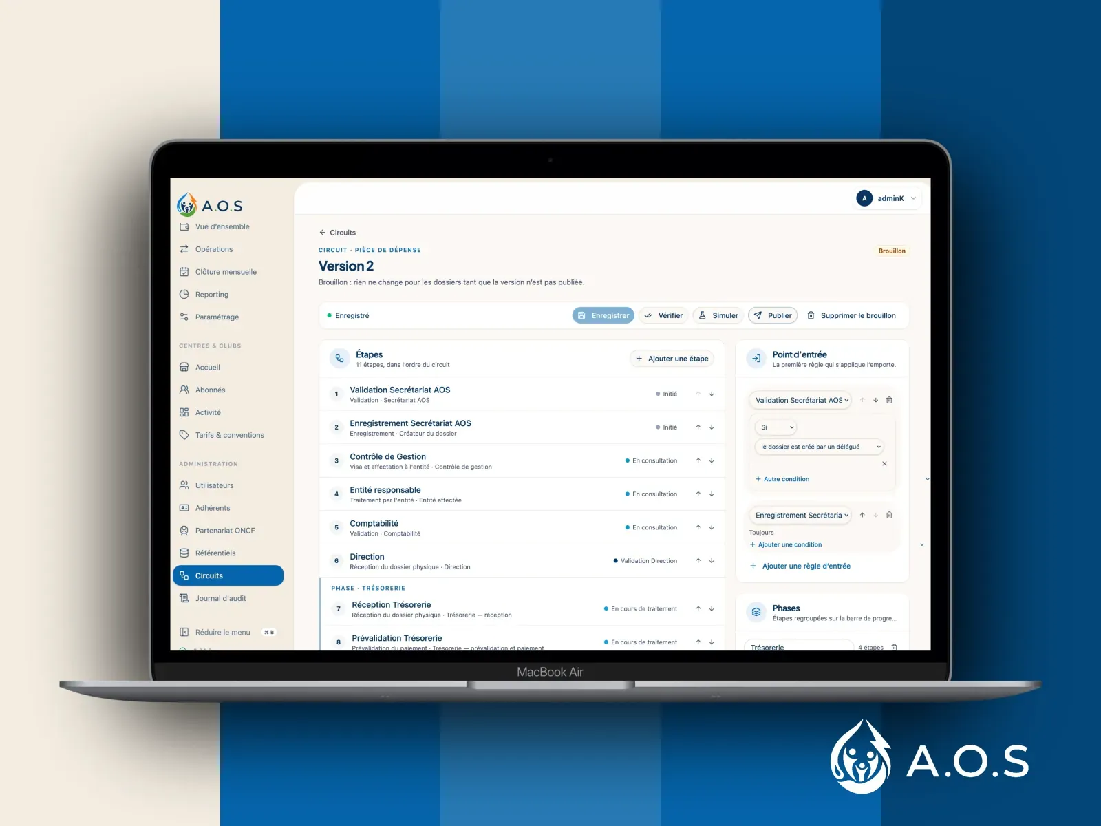 AOS back-office: versioned approval circuit editor