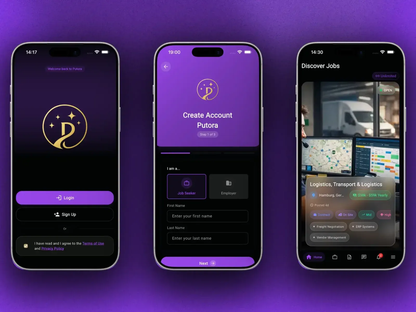 Putora app: login, sign-up and job discovery screens